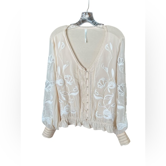 ANTHROPOLOGIE Cream Ivory Floral Embroidered Blouse Top 1X Dressy - Picture 5 of 15